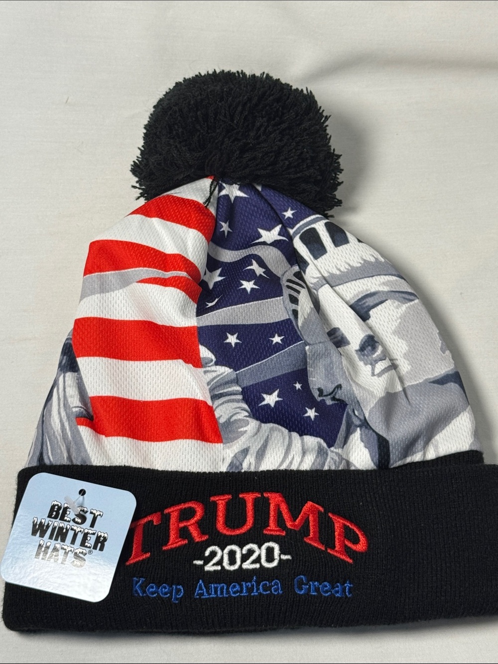 Trump 2020 Winter Hat with PomPom Statue Liberty